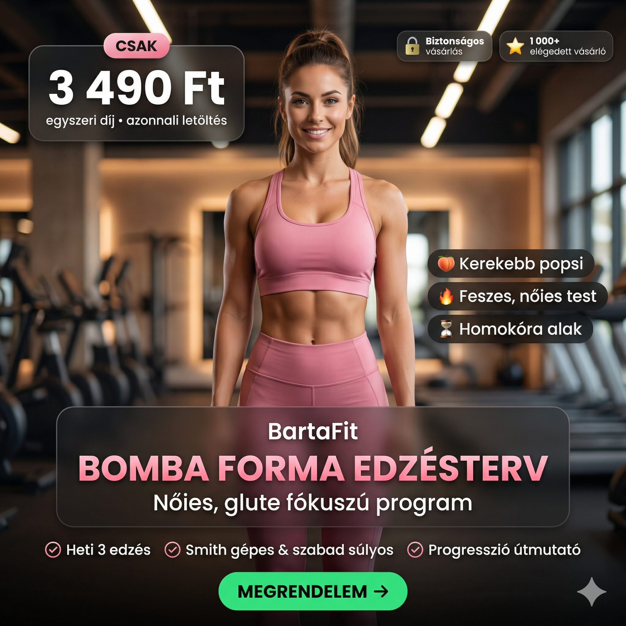 Bomba forma edzésterv – női, popsi fókusz (3 nap/hét)